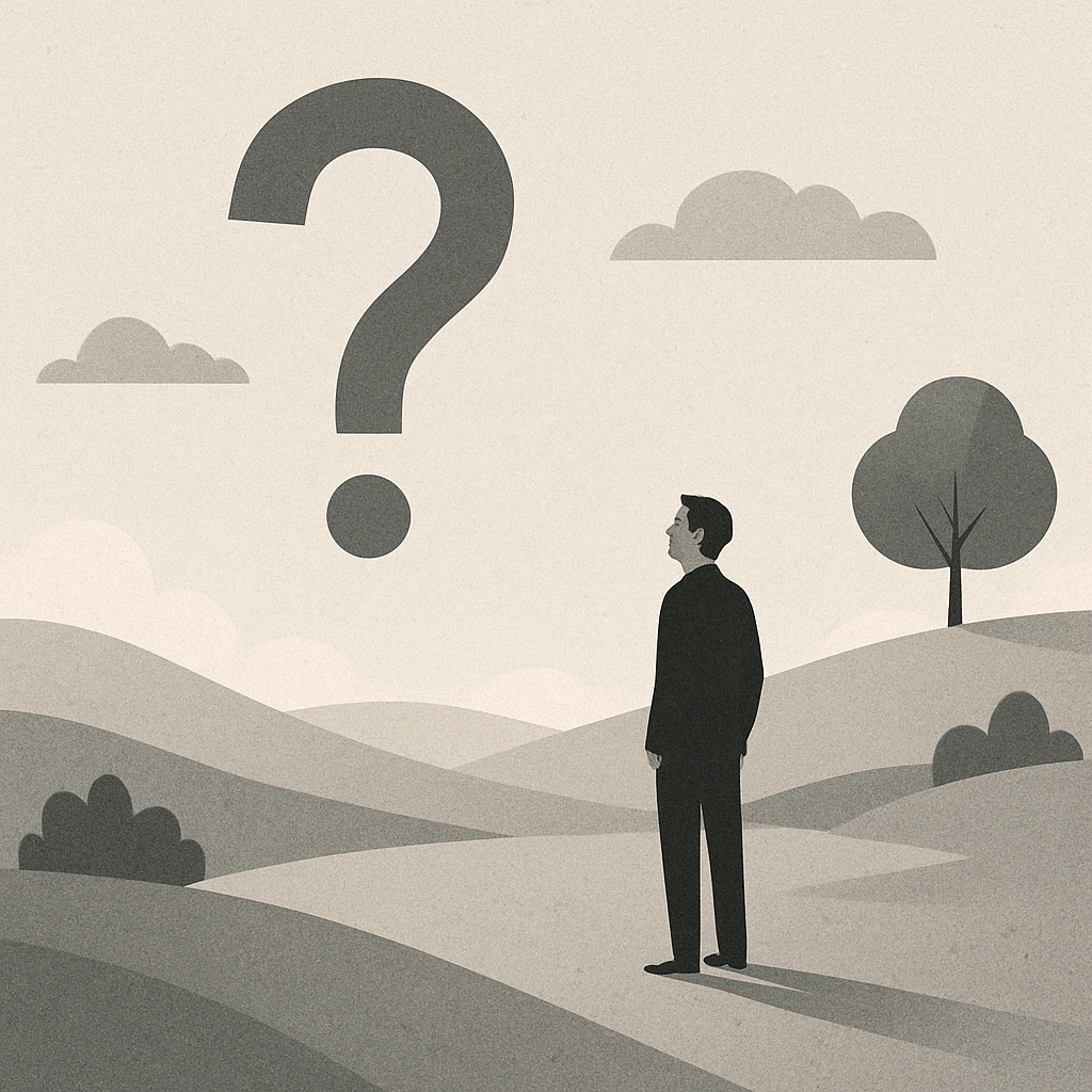 Illustrazione digitale in bianco e nero in stile minimalista, con figure umane stilizzate che osservano un vuoto centrale, simbolo dell’incertezza e della sospensione decisionale nel marketing. L’immagine evoca introspezione, complessità e consapevolezza critica.