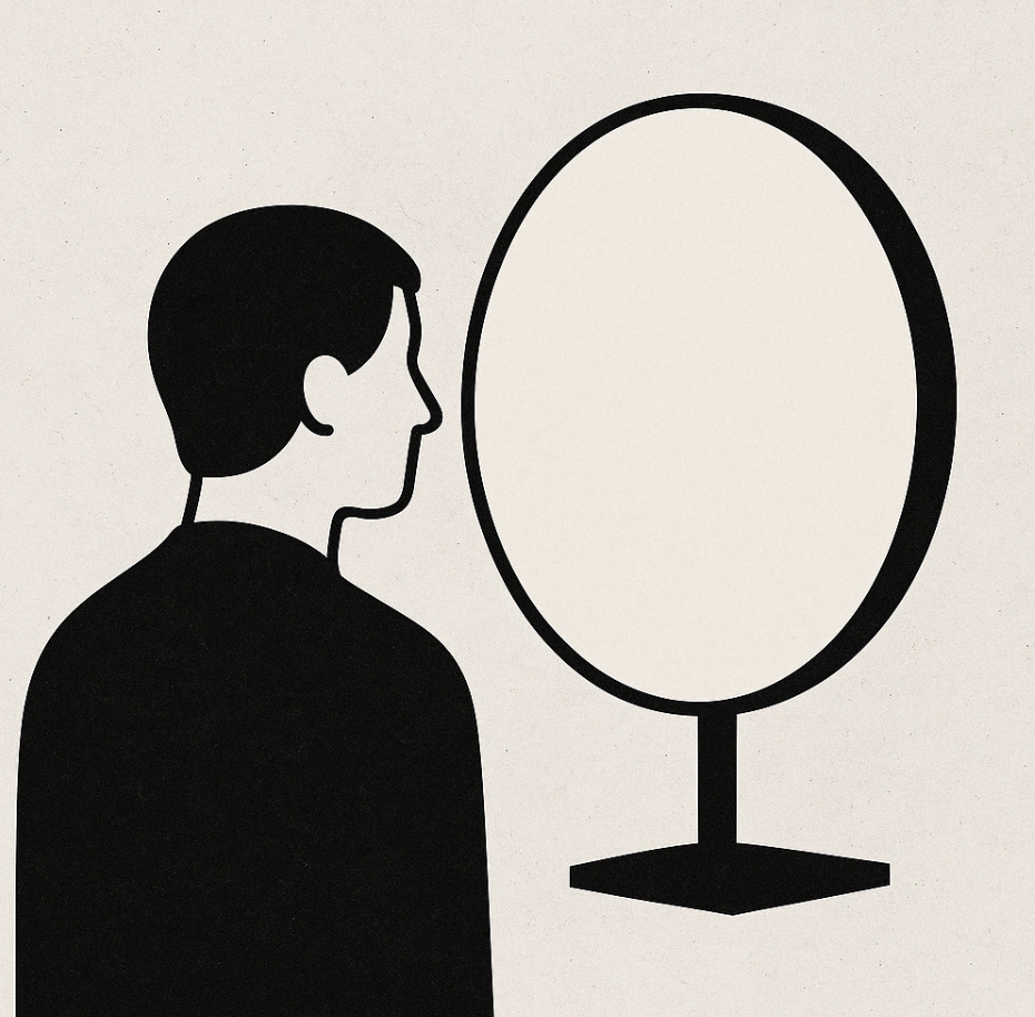 Illustrazione minimalista in bianco e nero che rappresenta l’analisi di mercato come specchio dell’autopercezione. Un volto senza tratti osserva un grande specchio vuoto, simbolo dell’incertezza e della necessità di guardare in faccia la realtà.