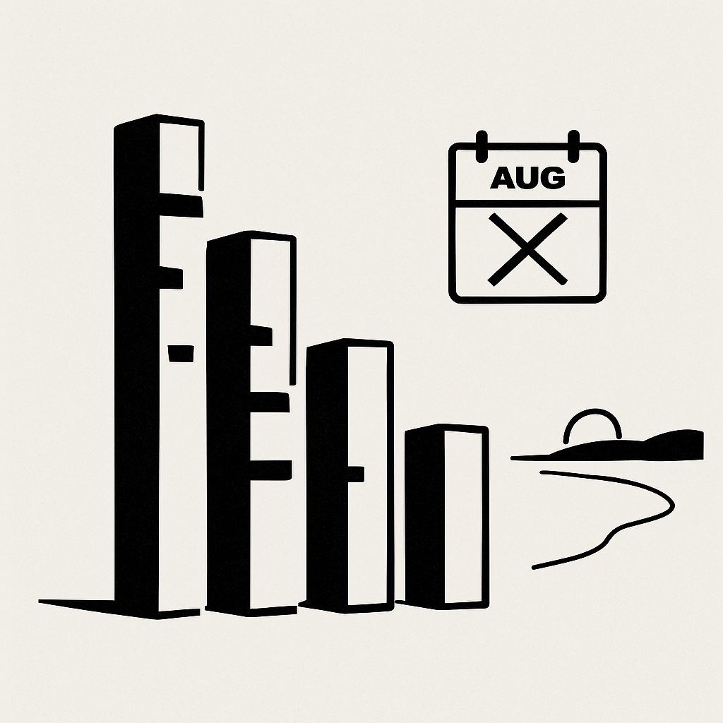 colonne di grafici “mutilate” che si dissolvono verso destra, un piccolo calendario con agosto sbarrato e, in fondo, una linea d’orizzonte che suggerisce la pausa estiva.