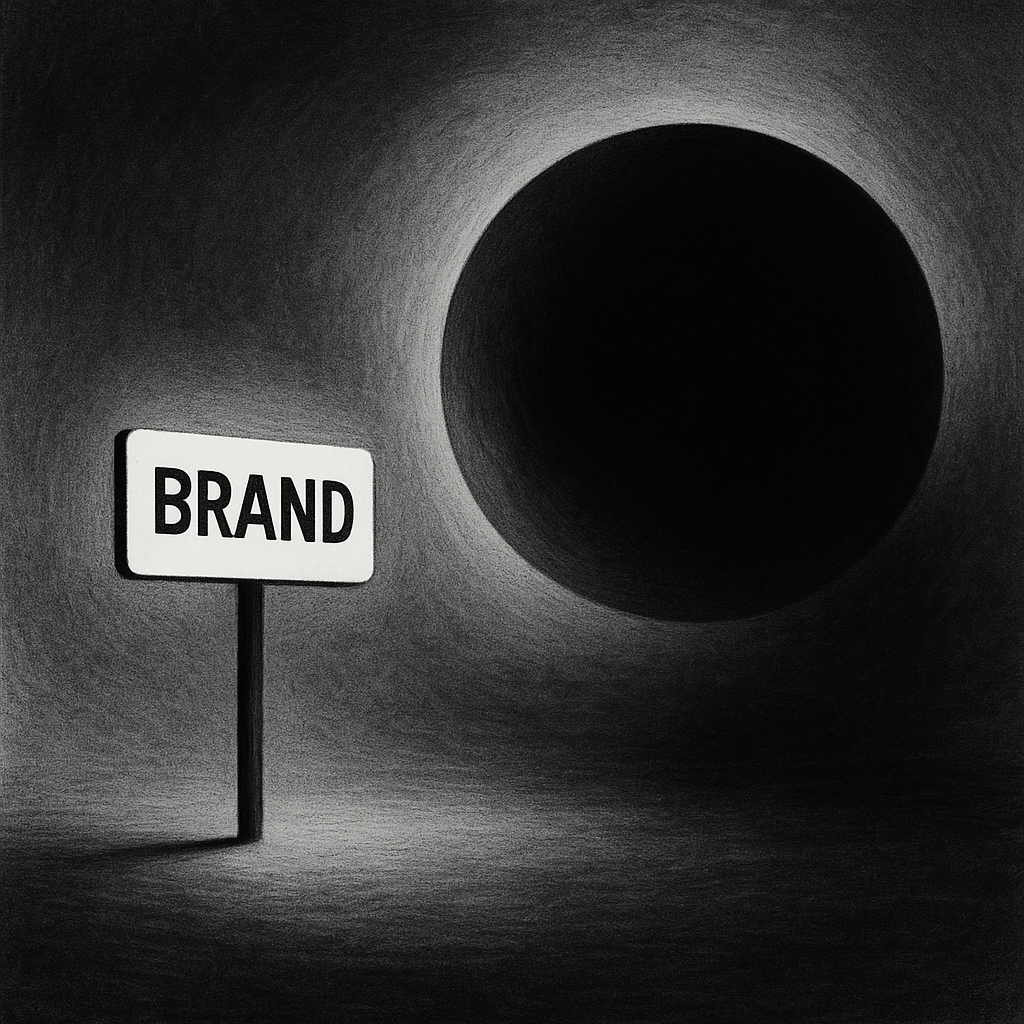 un luminoso cartello “BRAND” che resiste sul bordo di un grande vuoto scuro – l’idea di un segnale umano che non vuole farsi inghiottire dal buco nero dei risultati AI.